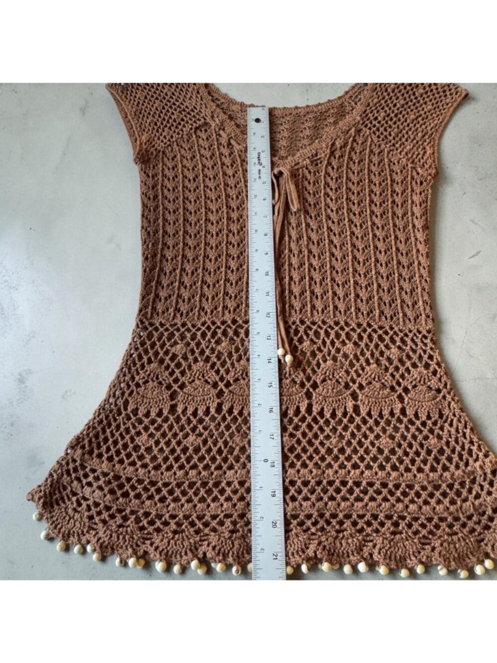 Crochet Brown Tunic Top Retro Boho with Cap Sleeves Tie Neck Detailed Bead Hem - Picture 9 of 13